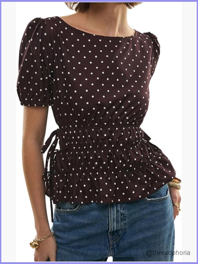 Polka Dot Blouse Bow Knot Side Slit Peplum Top Short Sleeve Crew Neck